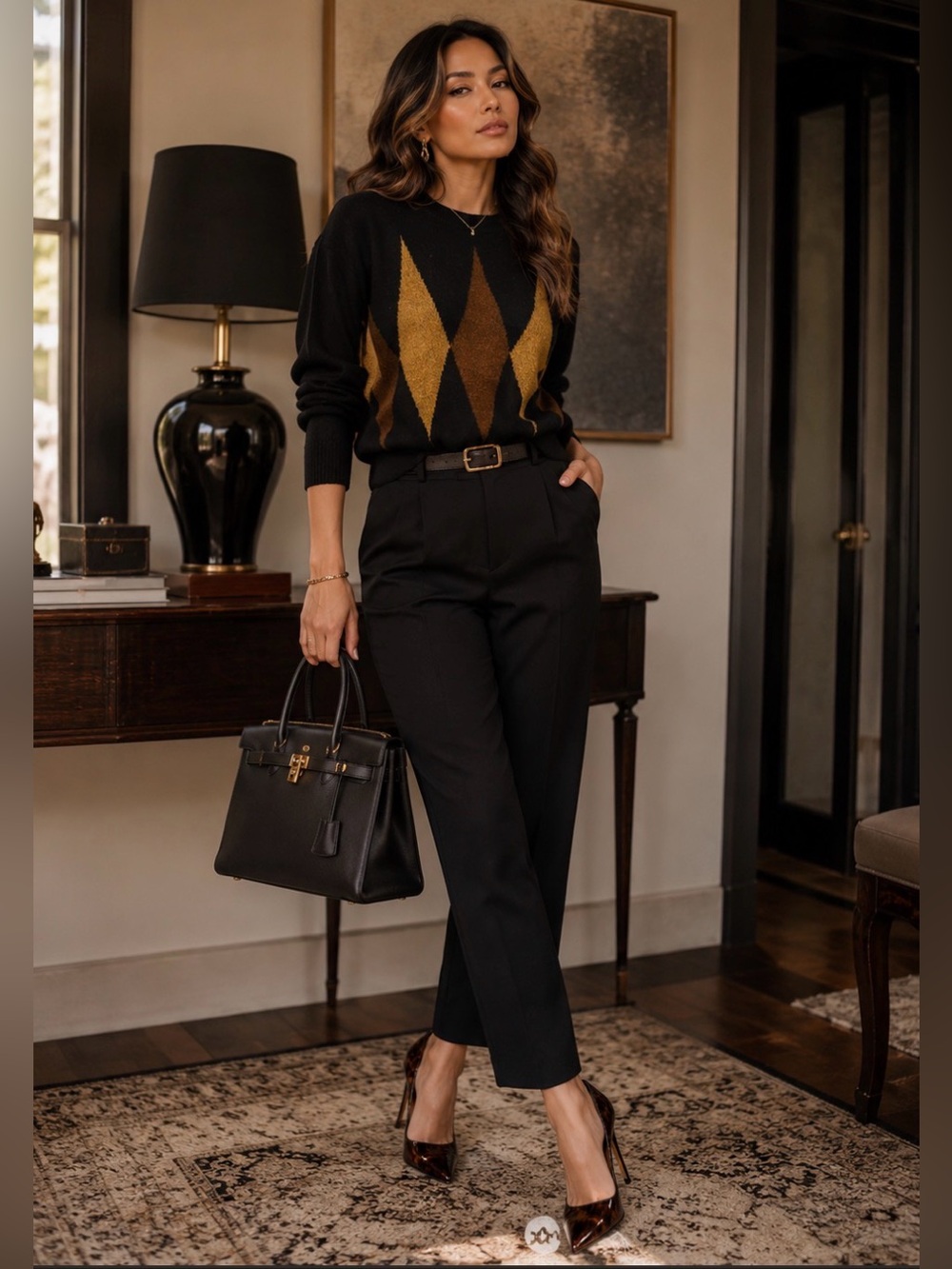 Vintage Jones New York wool blend sweater with black Gold & Brown Argyle Pattern